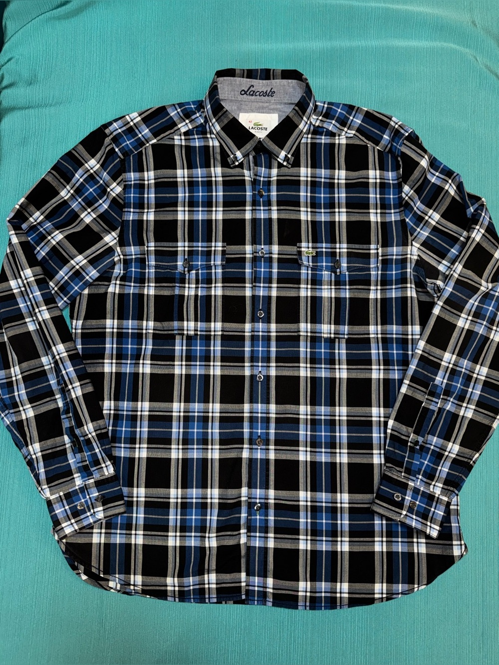 Lacoste Men’s Shirt sz. 42 approx L slim Fit Plaid Blue Black Cotton Long Sleeve